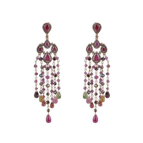 Ασημένια ροζ επίχρυσα κρεμαστά σκουλαρίκια τύπου chandelier με γνήσιες πέτρες από ρουμπίνια
