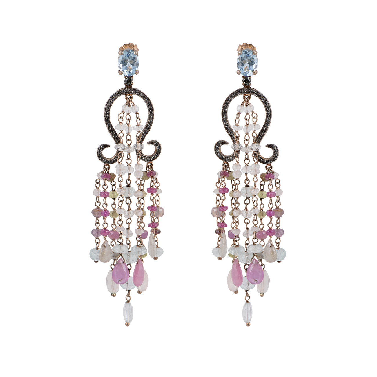 Ασημένια ροζ επίχρυσα κρεμαστά σκουλαρίκια τύπου chandelier