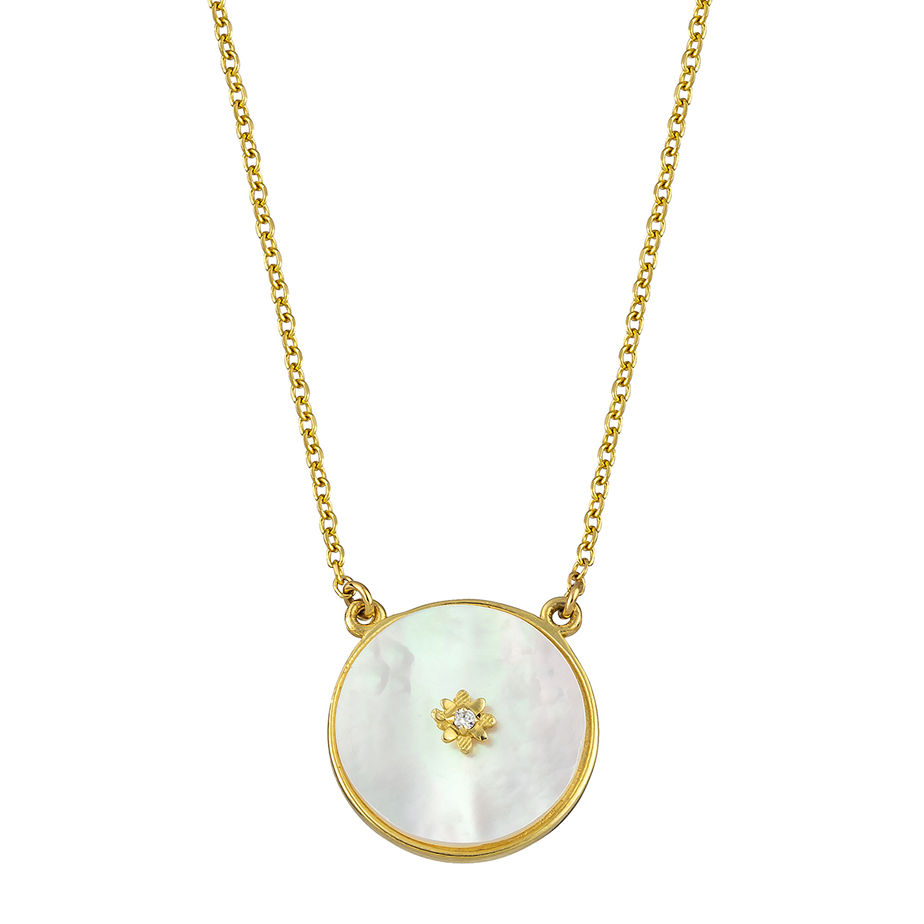 Χρυσό κολιέ με κλασική αλυσίδα και κρεμαστό μενταγιόν σε κυκλικό σχήμα. Το μενταγιόν αποτελείται από mother of pearl σε χρυσό πλαίσιο.