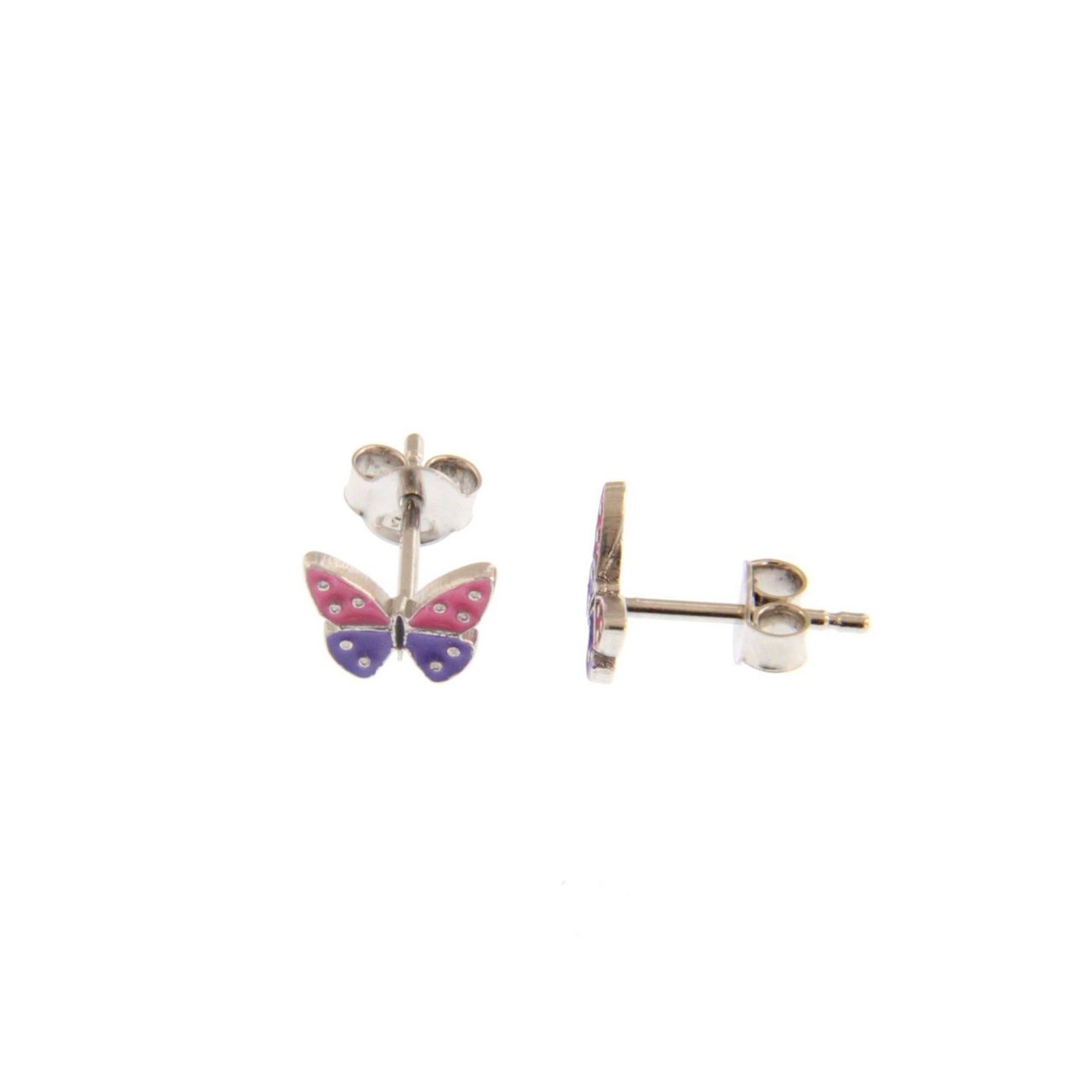 Μικρά ασημένια σκουλαρίκια σε σχήμα πεταλούδας (διάμετρος 0.9 εκ) με σμάλτο σε ροζ και μωβ χρώμα