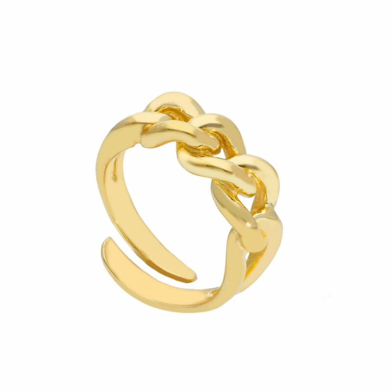 Ασημένιο κίτρινο επίχρυσο δαχτυλίδι με σχέδιο αλυσίδας σε Κουβανέζικη πλέξη