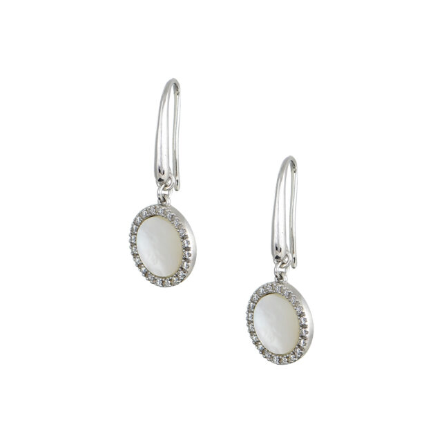 Ασημένια κρεμαστά σκουλαρίκια με mother of pearl (φίλντισι) και λευκά ζιργκόν. Κομψά σκουλαρίκια που μπορούν να φορεθούν σε πολλές περιστάσεις